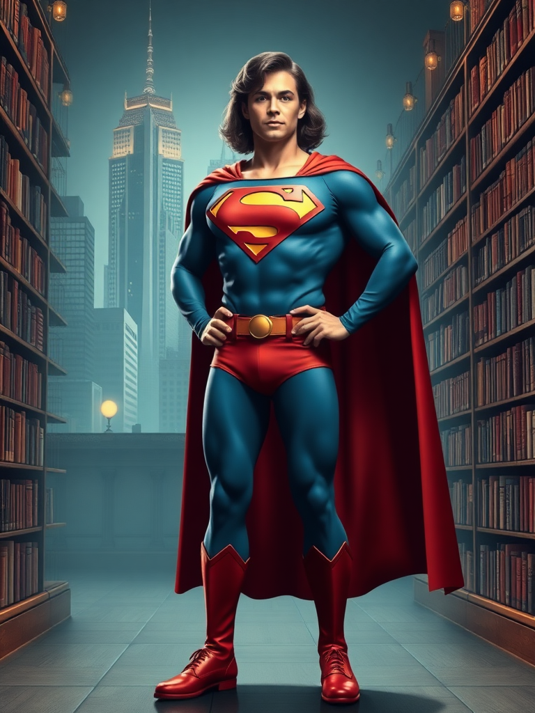 Create a full-length image of Superman with the body type of Velma Dinkley. Ensure he is wearing his classic Superman costume. Design the background to be a seamless blend of Metropolis and a classic library, incorporating elements like skyscrapers and shelves filled with books. The scene should evoke a sense of mystery and heroism, fitting for both characters. Make sure the lighting is balanced to highlight Superman’s features while maintaining the ambiance of both settings.