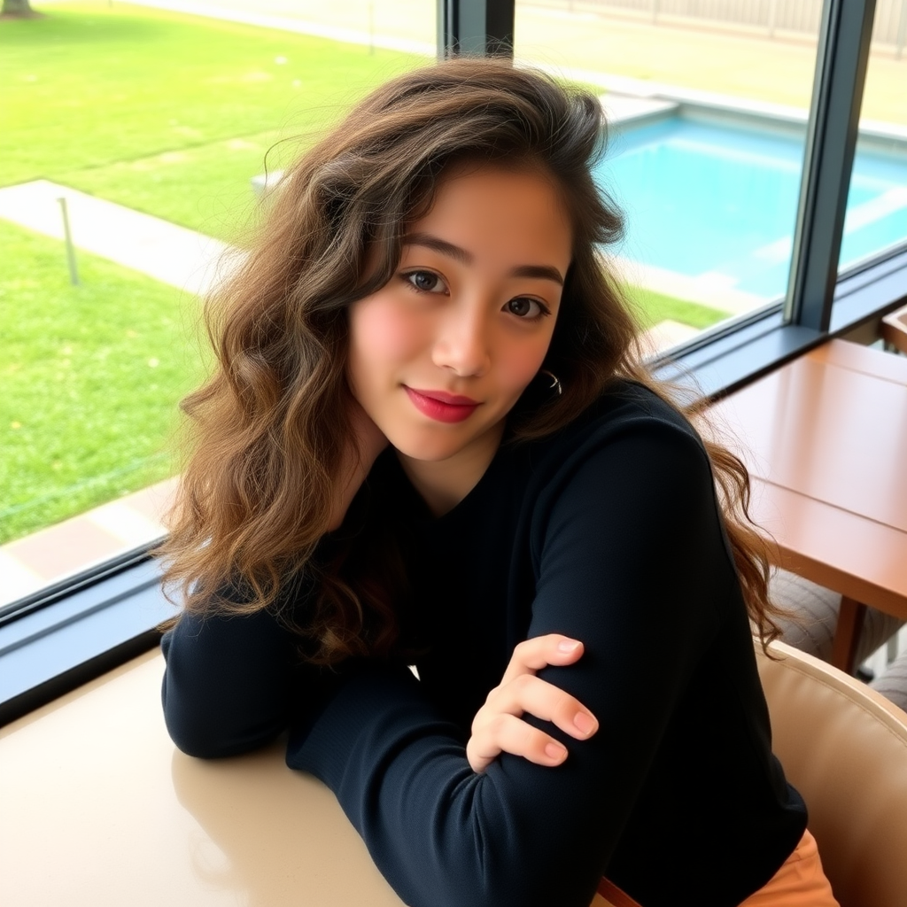 A young, beautiful 18-year-old Xiaohongshu blogger with fair skin, big eyes, long curly hair, an oval face, and a very slim figure is sitting in a café, leaning on the table, with green grass and a swimming pool outside the window.