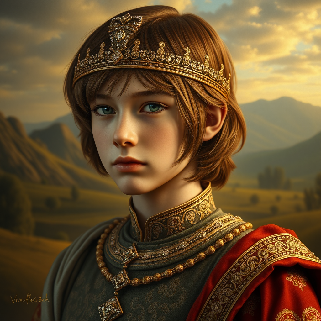 16yo teen boy prince, long bob cut, embroidered with gold and diamonds medieval cloths, diamond diadem, and Beautiful War. Free style by FLUX photorealistic. The background is in the style of landscape style by Antonio del Polaiolo, Generating the signature at the bottom: Viva FLUX & Bach, ultra high resolution, 16K.