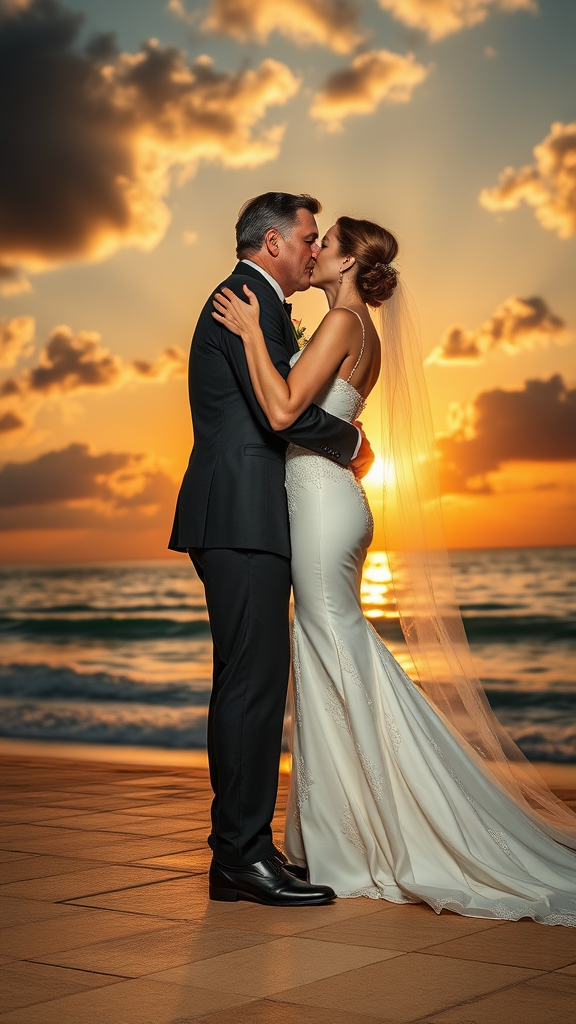 In the background, Meg Rain and Dustin Hoffman elegantly dressed, she heels and he patent leather shoes, he passionately kisses the bride, in the background the sea with a beautiful beach, sunset sky with the sun's rays with clouds. 16K ultra-high definition.