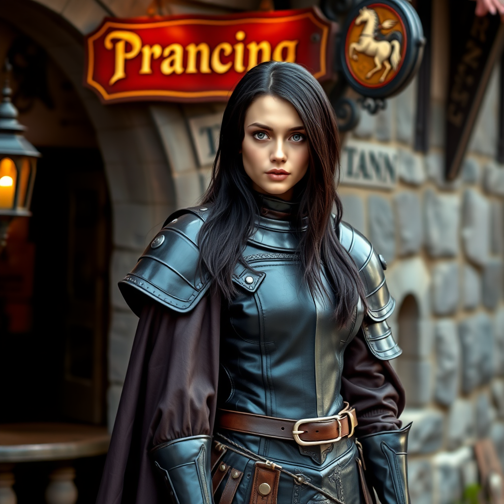 beautiful young woman, dark hair past her shoulders, blue eyes, small, slim figure, wearing full leather armor suit, long cloak, standing next to medieval tavern with sign: "Prancing Pony".