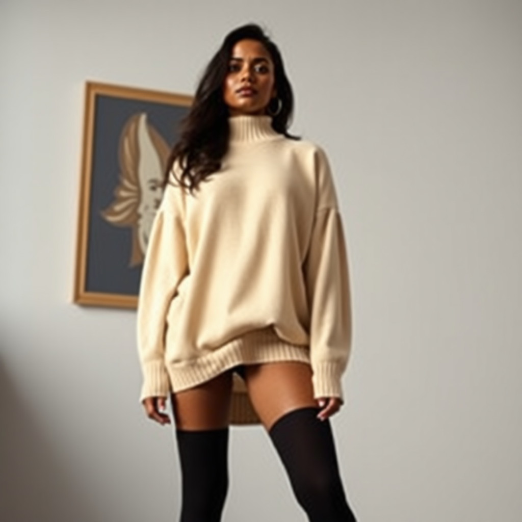 a fullbody photo of an indian woman wearing a oversized sweater and thigh highs