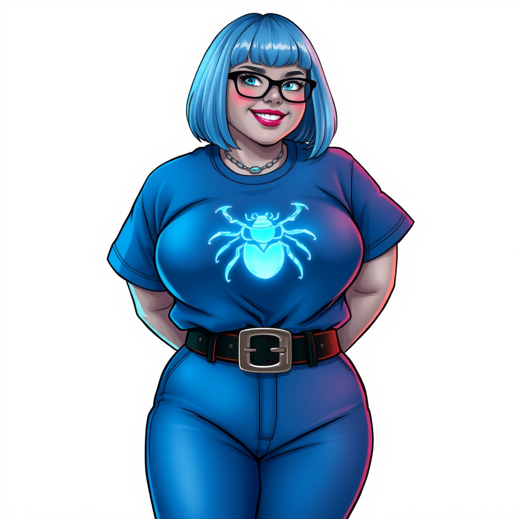 A 28-year-old, full-figured, middle gray metallic-skinned computer program-human hybrid with a maximum blue bob cut. She has a non-athletic build, highlighted by a prominent, round, midsection. As a digital sidekick, computer hacker, and nerdy girlfriend to her cyberpunk vigilante boyfriend, her middle gray metallic skin and maximum blue lipstick emphasize her digital nature. She wears a costume consisting of an oversized, tight-fitting, maximum blue t-shirt (that accentuates her figure) with a neon blue beetle chest icon, a black belt with a sapphire scarab buckle, maximum blue pants, and black gloves. Her bright blue eyes, black eyeglasses, and lovestruck smile with neon red blush accentuate her nerdiness. She stands bashfully with her hands behind her back, her costume covering all her skin. Her full-figured physique is fully emphasized and clearly not that of an athletic person. She is on a solid white background. She is drawn as if she was in a retro 2D cyberpunk fighting game.