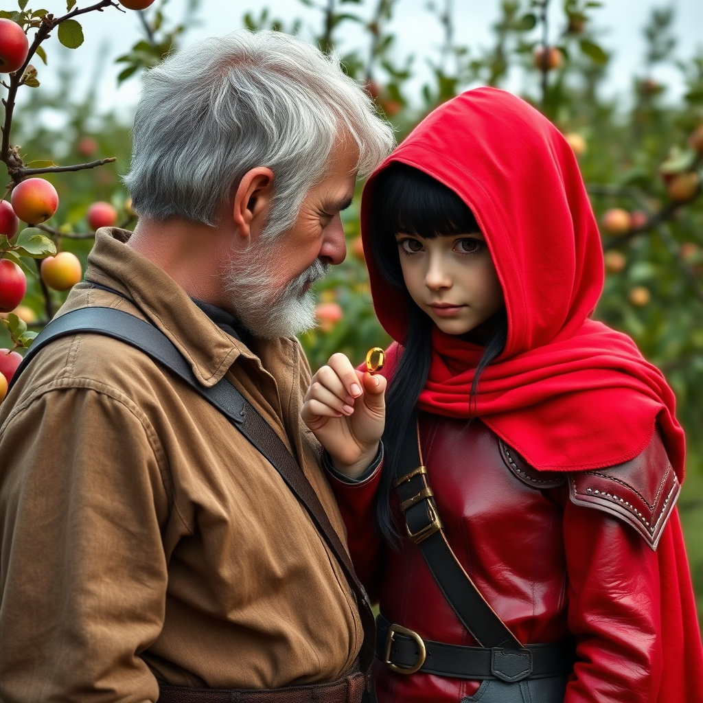 A photo realistic girl with black hair and brown eyes in red leather armor and a red hood showing a small golden ring to an old man in dirty work clothes while standing in an apple tree orchard.