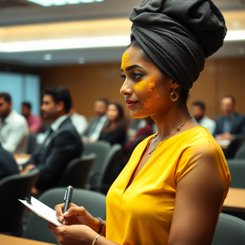 slim, 30 year old, modern indian office secretary, towel head, turmeric paste on her face. she is standing in a conference room full of people and taking notes.