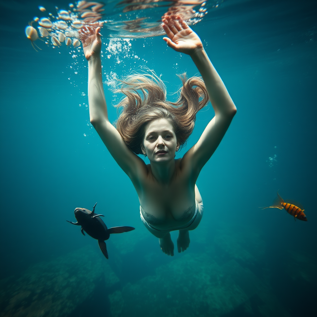 Uma Thurman as a skindiver she's floating underwater surrounded by sea creatures and plant life. Her graceful arms float above her head. In the photographic style of Richard Fegley on DSLR