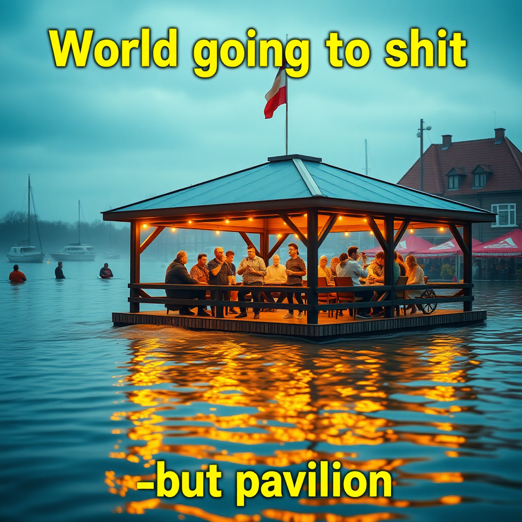 Create an image of a pavilion in a flooded environment and people comically partying on it drinking beer while the world is completely overflooded. Focus on the humorous contrast of the situation. Include the text "World going to shit" at the top and the bottom part should have the text "but pavilion". Make the image the central part of the image with warm glowing colors. Make it so the people's expressions on their faces are visible.

The background scenery should be that of Aarhus Denmark.