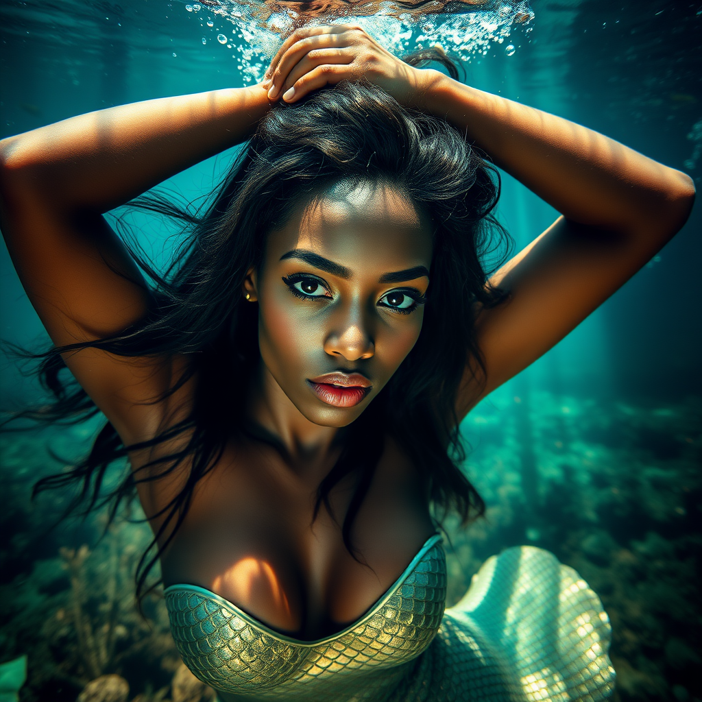 Black Iraqi Girl as a fit and trim mermaid underwater amazing loose flowing hair floating in a nimbus around her beautiful face her arms outstretched languidly over her head. she's looking directly into the viewer's eyes making intense eye contact. diaphanous gossamer. Burlesque. Stunning undersea life details plants and fish and other creatures of the sea. Impressive, shining scaled mermaid tail. Amazing HD DSLR photographic output.