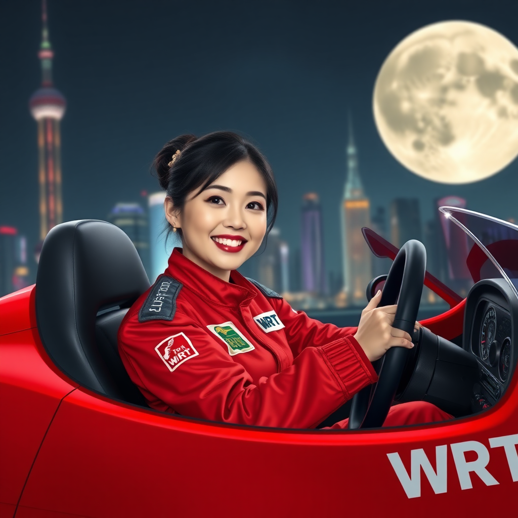 A Chinese beauty racer, she is smiling, driving a red race car, with only "WRT" written on the car body. The red racing suit also has only "WRT" written on it. The background features the night view of Shanghai and a huge moon.