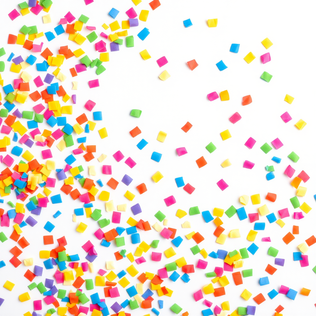 A high-resolution, colorful, vibrant image of colorful confetti pieces evenly scattered across a plain white background, clean, professional look, stock photo