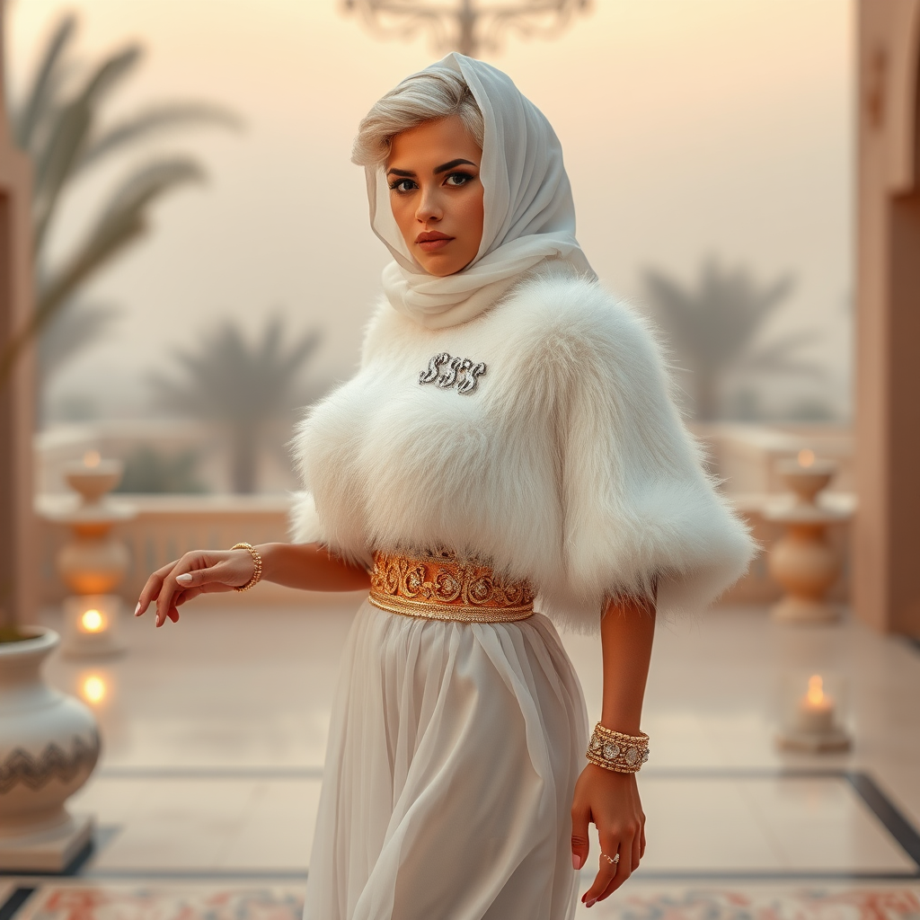 Kuwait desert palace harem patio misty dawn: Melissa, European 17 years old very convincing femboy “trophy-bimbo”, tamed servile docile, very beautiful feminine flawless face, rather short, by hormones very curvaceous womanly figured, platinum blond short tight curls, heavily made-up eyes, wearing Supertanya-style fluffy very fuzzy bright white angora turtleneck-poncho cropped ending under bust decorated with pearls and gemstones, striking oriental wide gold bridal protection belt, white fully transparent harem pants, full Oriental bridal jewelry, face covered by white sheer full Burka, coin anklets, striking diamond “$$$” letter brooch on left chest, pout frustrated, seductively dancing for the sheik, looking at camera. Full side view.