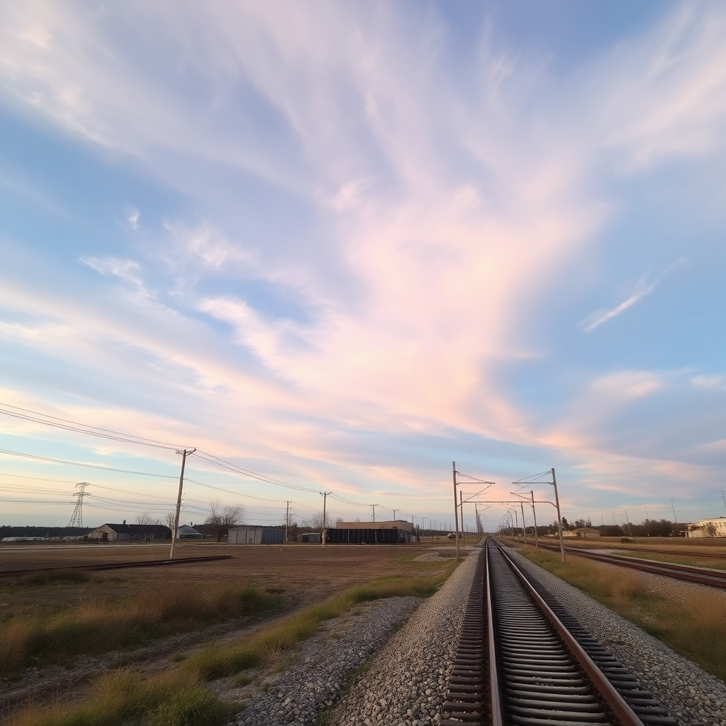 create an image for me with the sky, a vacant lot, and train tracks viewed from the side, profile view