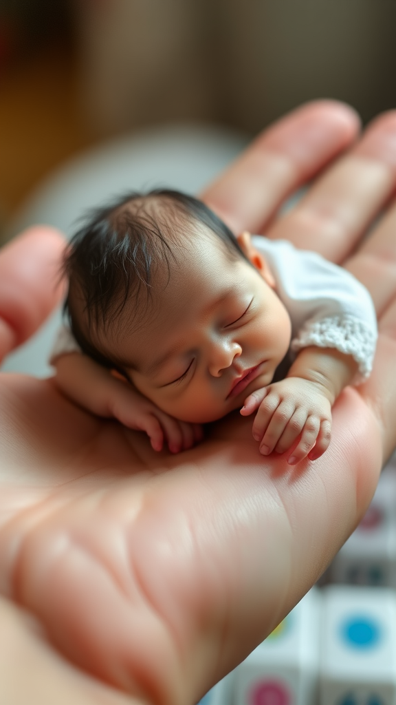 A cute mini little tiny miniature baby sleeping on hand