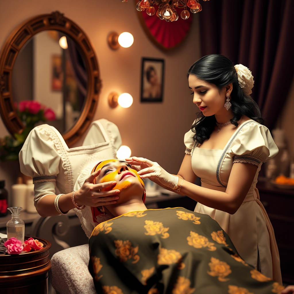 female french maid working in beauty parlour, giving turmeric facial to indian wife