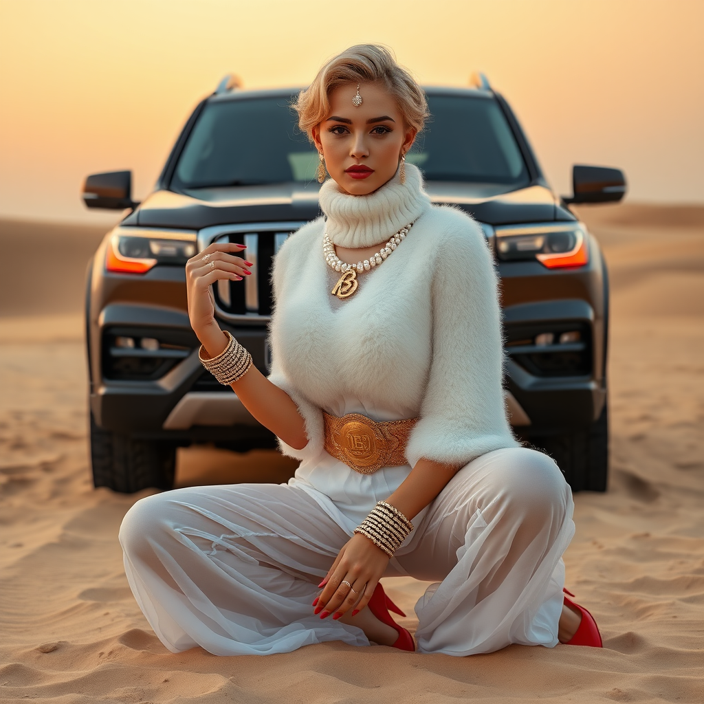 Kuwait desert dunes misty dawn, full size luxury SUV: Melissa, European 17 years old very convincing femboy “trophy-bimbo”, tamed servile docile, very beautiful feminine flawless face, rather short, by hormones very curvaceous womanly figured, platinum blond short tight curls, bold red lips, long white French nails, heavily made-up face, wearing Supertanya-style fluffy very fuzzy bright white angora turtleneck-poncho cropped ending under bust decorated with pearls and glass stones, striking oriental wide gold bridal protection belt, white fully transparent harem pants, bright red pumps with golden very high heels, full Oriental bridal jewelry including headpiece, nose-ring, coin wristlets, coin anklets, striking diamond “Bimbo” letter brooch on left chest, thick heavy pearl wristlets, pearl anklets, pout frustrated, kneeling in sand in front of SUV, looking at camera. Focus on face and turtleneck-poncho.