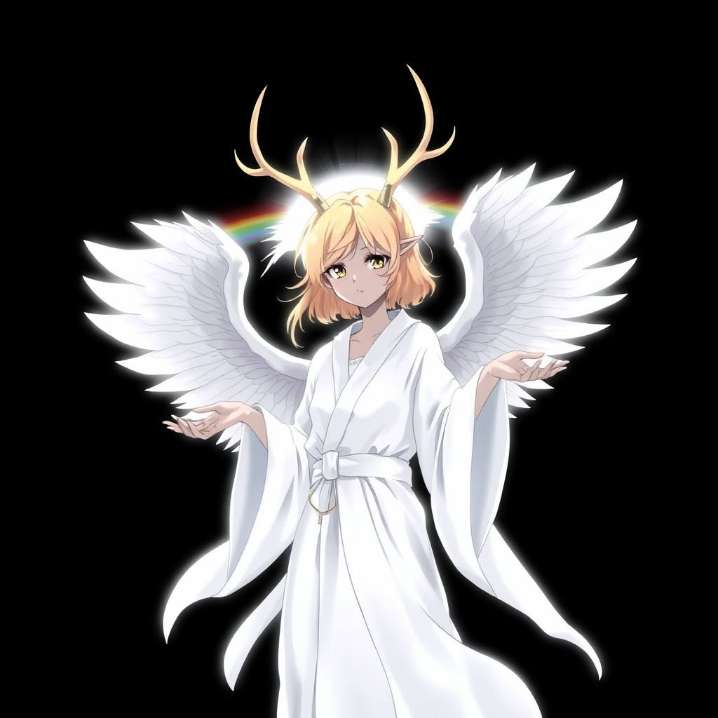 (Anime Style-art) Black background with rainbow-barrier broken, a female faceless, grey-skinned, golden-haired woman covered in pure white light, 2 deer antlers, 2 angel wings, glowing-white robes, hands out, floating mid-air, looking at viewer, full body view