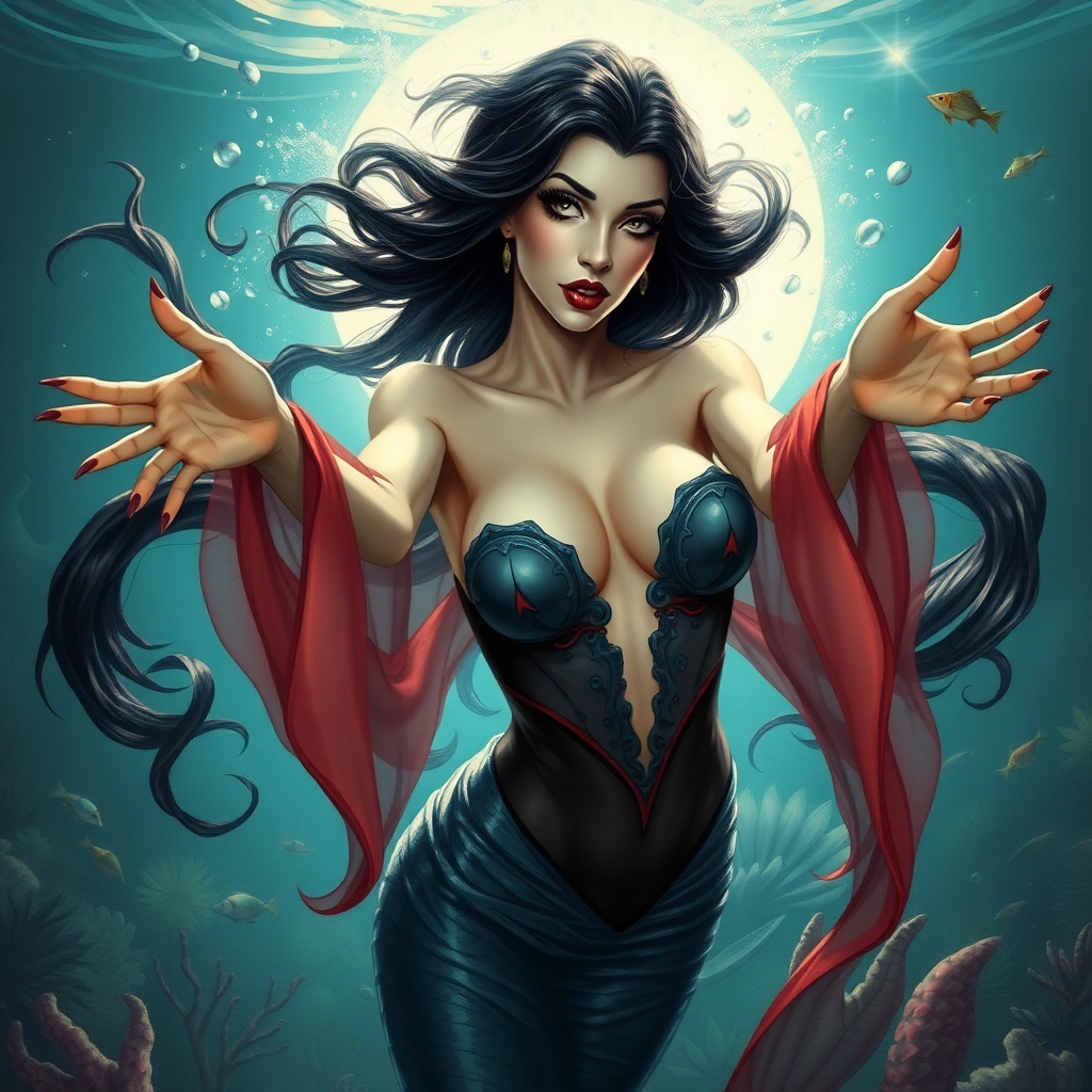 Vampirella as a mermaid underwater amazing loose flowing hair floating in a nimbus around her beautiful face her arms outstretched towards the viewer and she's looking down into the viewer's eyes making intense eye contact. loose fitting diaphanous. Burlesque. Stunning undersea life details plants and fish and other creatures of the sea.