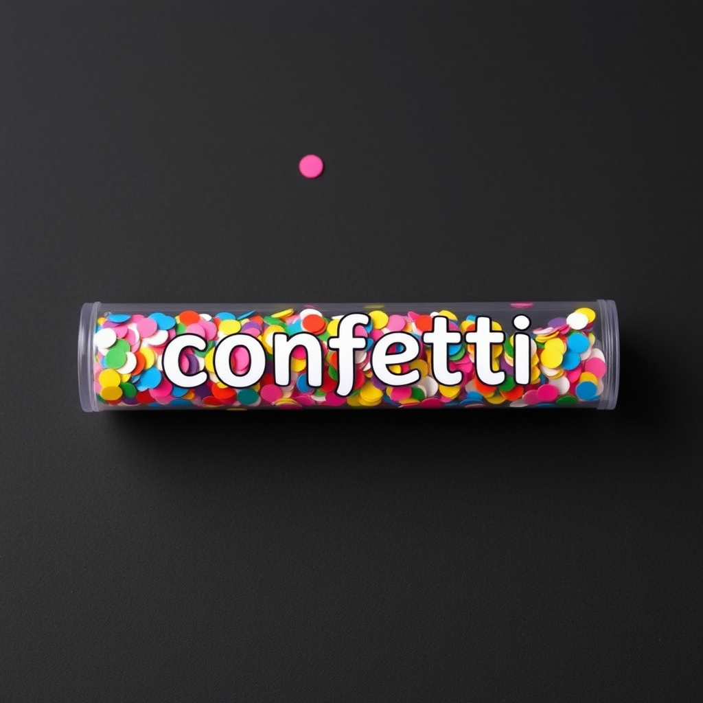 colorful confetti popper tube with text "confetti" on it, closed from both ends