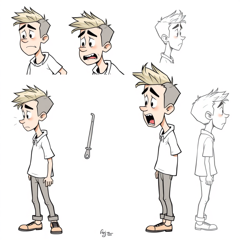 multiple views with progression, character design sheet, short, excited, embarrassed, sweating, 15 year old european boy, detailed features, long establishing shot, 2D, caricature, cartoon, Sketch lines, coloring book, coloring book style on white background, well composed, clean coloring book page, No dither, no gradient, strong outline, No fill, No solids, vector illustration, side view, vector illustration, empty space around each view, movement lines