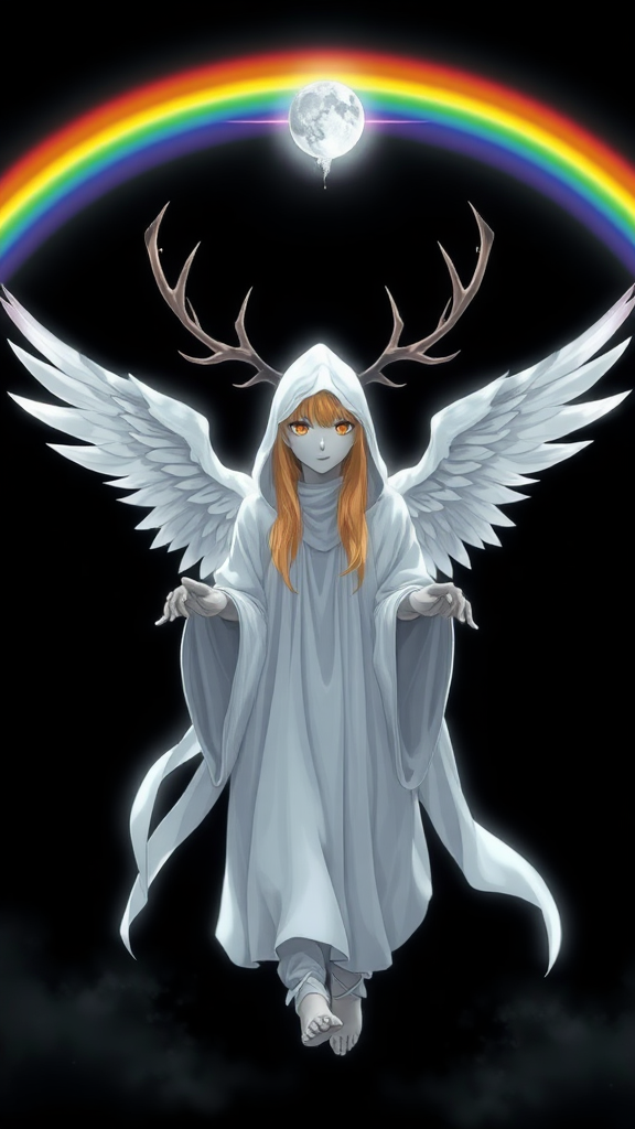 (Anime Style-art) Black background with rainbow-barrier broken, a completely eerie yet strange holy faceless entity, grey-skinned, wearing a white hood, golden-haired women covered in pure white light, 2 deer antlers, 2 angel wings, glowing-white robes, hands out, floating mid-air, looking at viewer, full body view