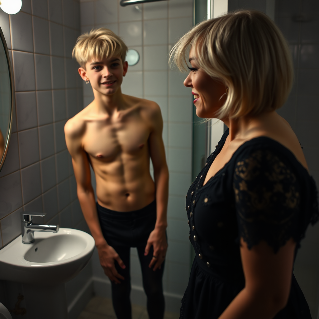 photorealistic, ultra high resolution, 16K, surreal fantasy, studio lighting, a 35 year old mother who is fully dressed for work is watching her pretty 14 year old goth son, slim male physique, short blonde hair, goth makeup, earrings, pantyhose, white ballet shoes, in the bathroom, excited smile, facing the camera.