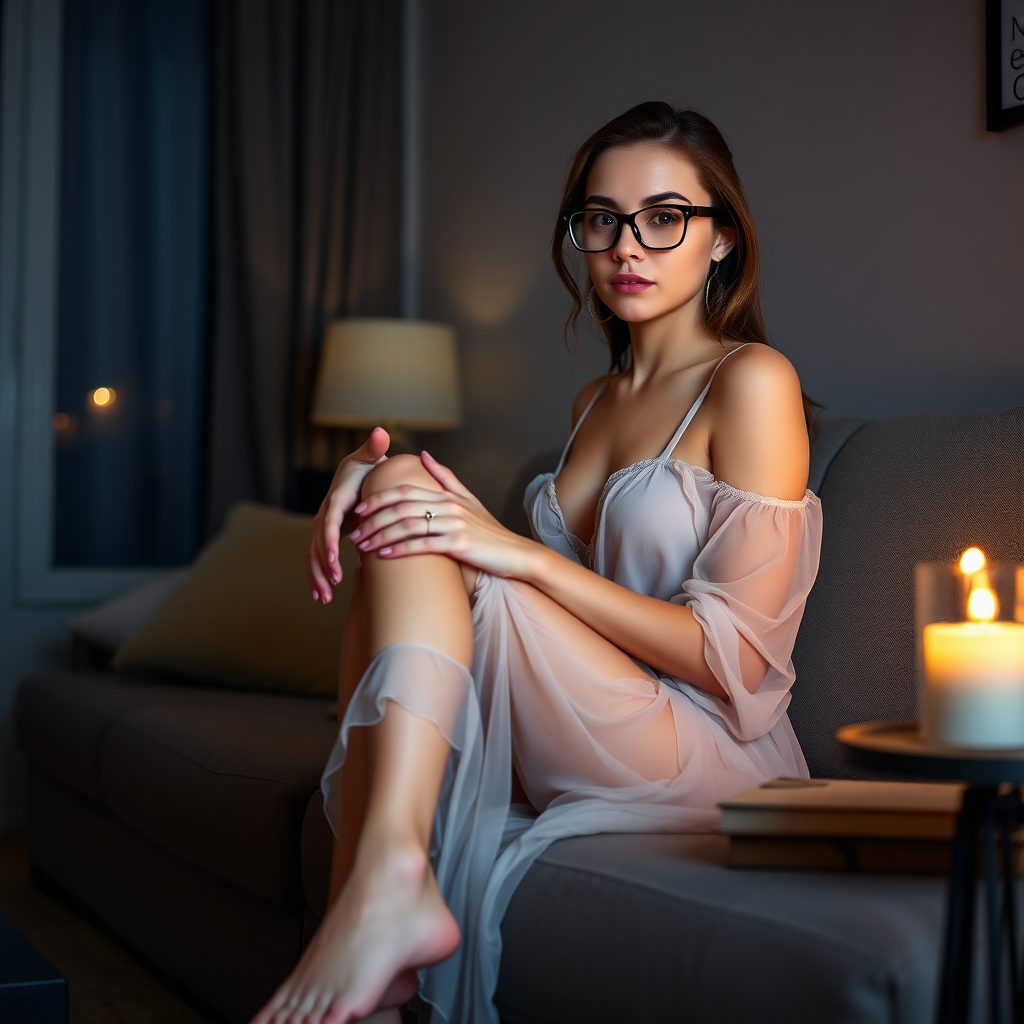 young european woman, full body shot, graceful figure, sexy, wearing glasses, sheer outfit, barefeet. around the age of 20 to 30. sitting on the couch in the living room. seductive look. night, candle light.