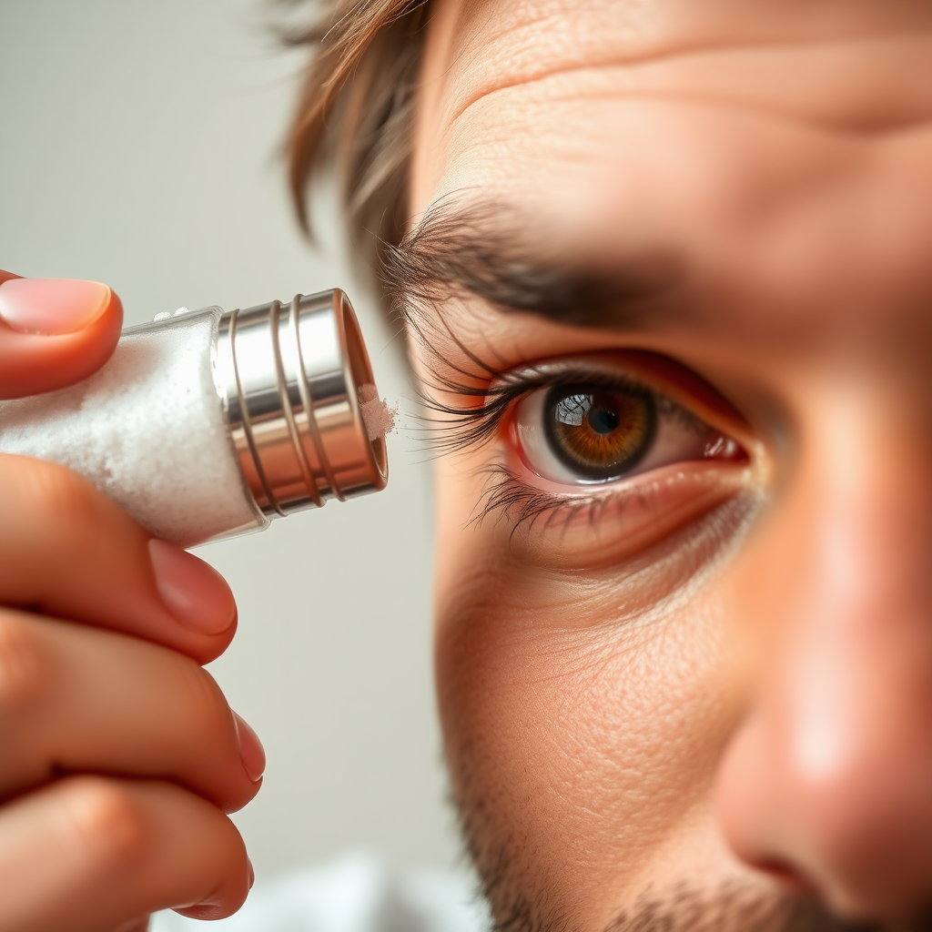 person putting salt from a salt shaker onto his eye