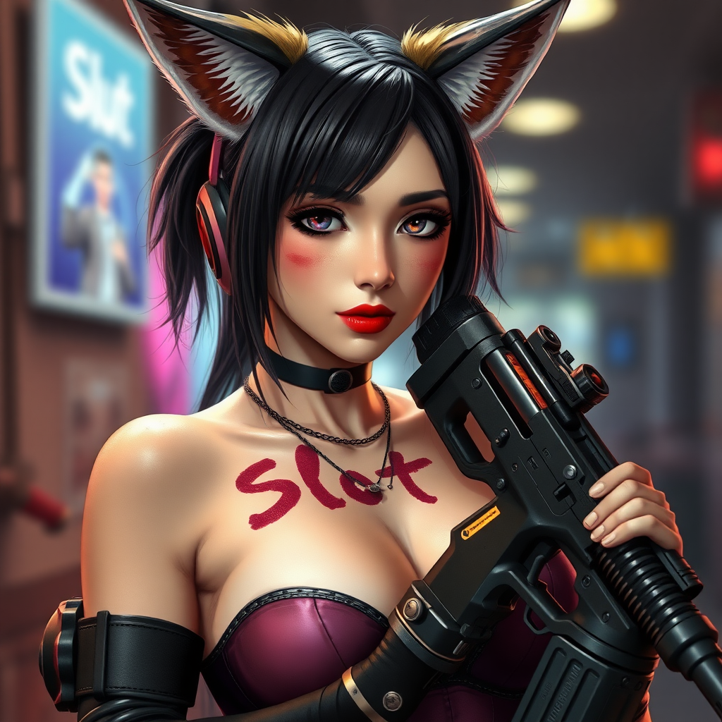 Real life photo of a cyberpunk waifu, she has “slut” written on her skin with lipstick. She is holding a big gun, she has fox ears.