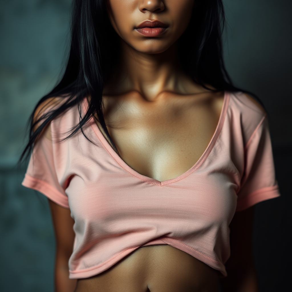 A very thin, mysterious but nevertheless pretty, sad and homeless, about 30 years old, healthy, young-at-heart Asian woman with a very dark skin color and a belly shirt and long, deep black hair and very typical and black Asian eyes, is very ashamed to look me in the eye and almost has to cry. The belly button should be visible.