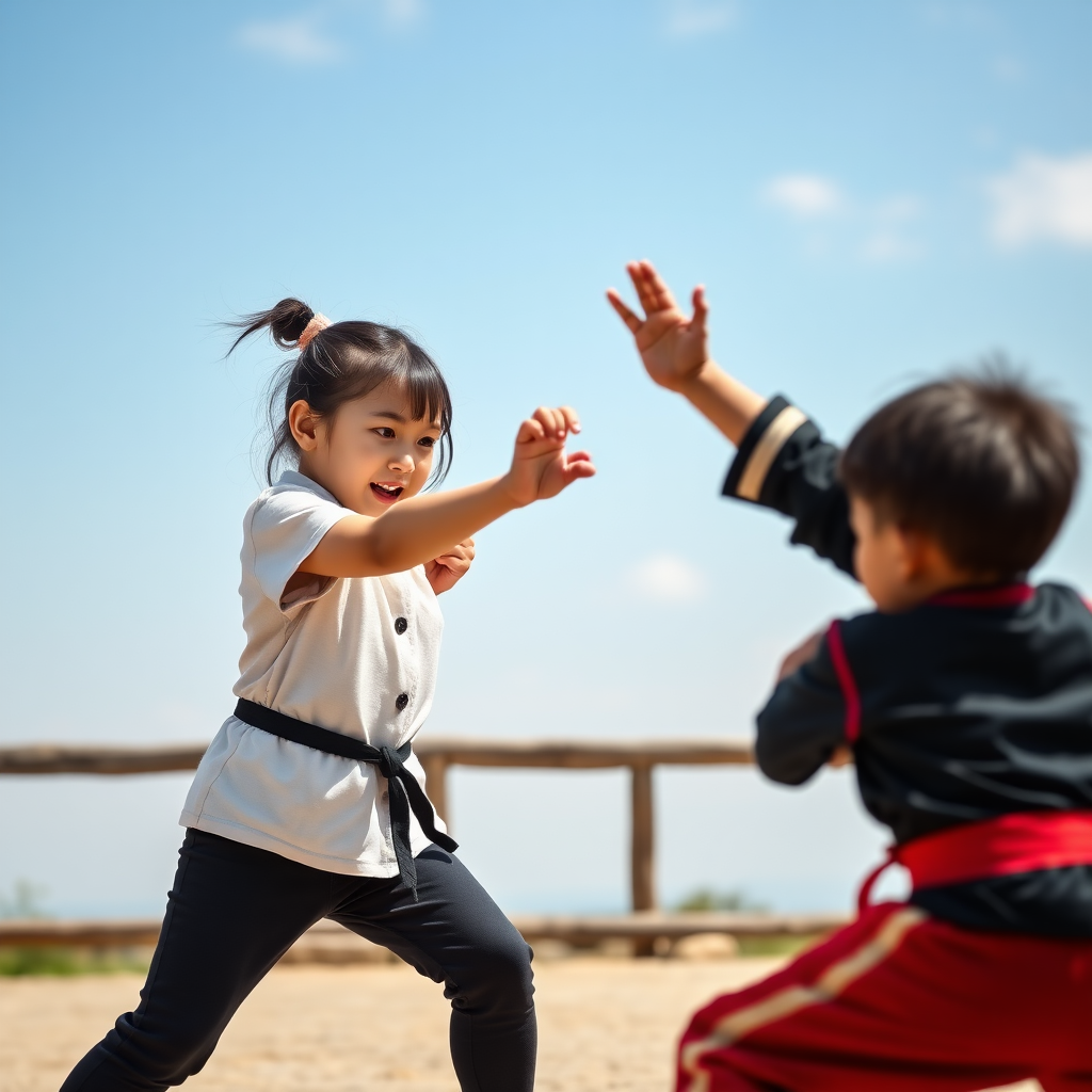 Little white girl kung fu fight against little black kid