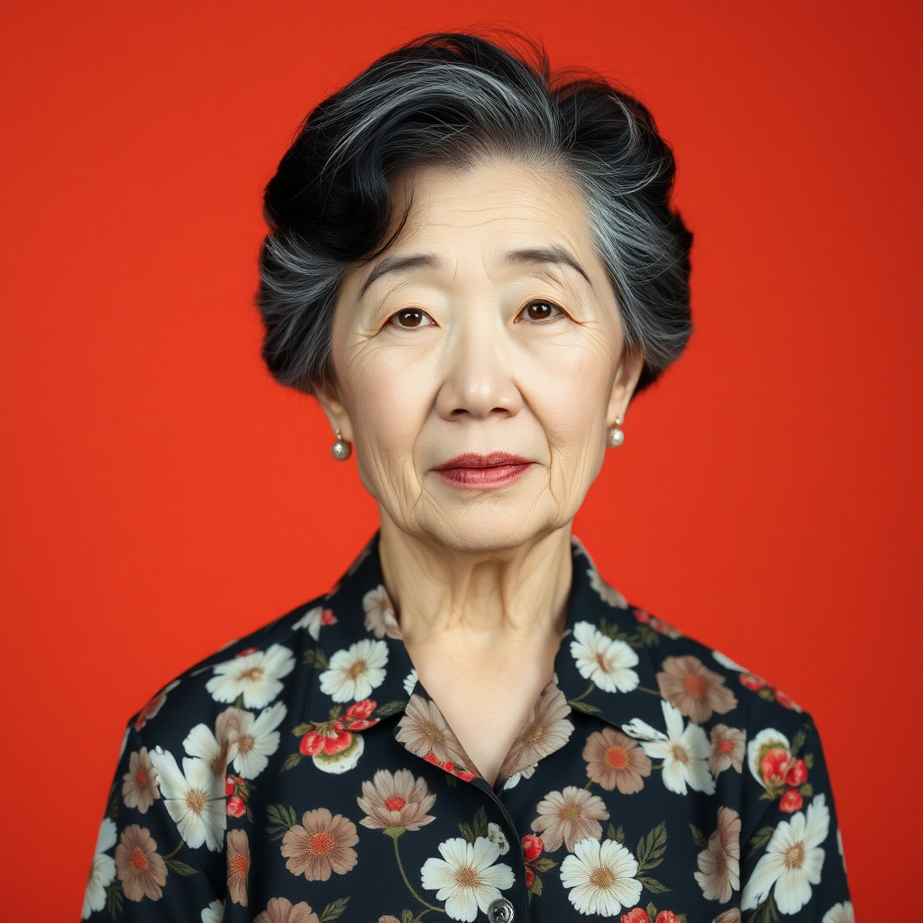 80 age old korean woman, front, flower shirt, photo studio background, Short permed hair, black and white hair