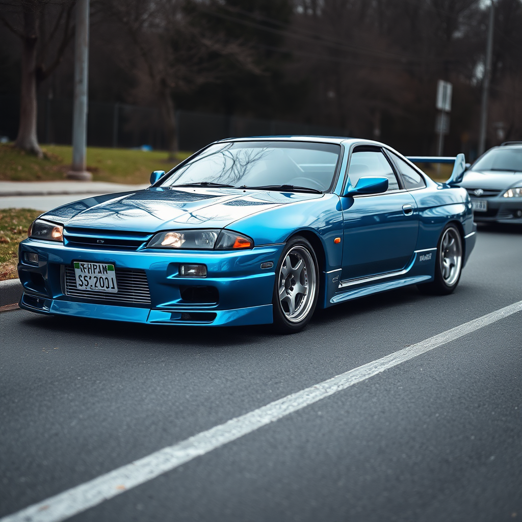 metallic shine nissan silvia s14 the car is parked on the side of the road, inspired by Taiyō Matsumoto, tumblr, restomod, nd4, c4 cold colors