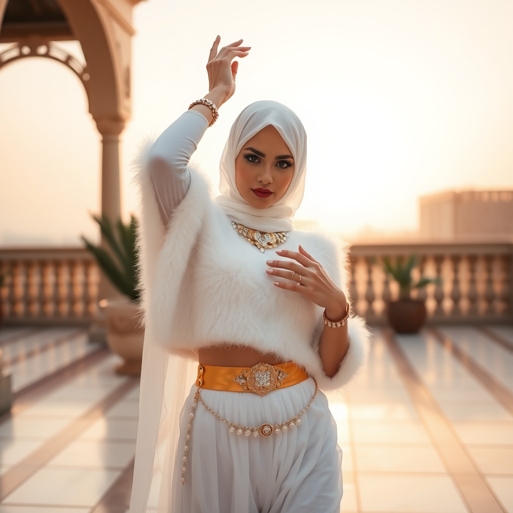 Kuwait desert palace harem patio misty dawn: Melissa, European 17 years old very convincing femboy “trophy-bimbo”, tamed servile docile, very beautiful feminine flawless face, rather short, by hormones very curvaceous womanly figured, heavily made-up eyes, wearing Supertanya-style fluffy very fuzzy bright white angora turtleneck-poncho cropped ending under bust decorated with pearls and gemstones, striking oriental wide gold bridal protection belt, white fully transparent harem pants, full Oriental bridal jewelry, face covered by white sheer full Burka, coin anklets, striking diamond “$$$” letter brooch on left chest, pout frustrated, seductively dancing for the sheik, hands high over her head, looking at camera. Focus on face and turtleneck-poncho.