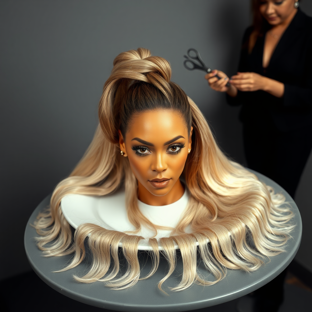 In a surreal and provocative scene, a beautifully tethered, disembodied head of Beyoncé rests gracefully on an elegant porcelain plate, her long, luxurious hair cascading like a waterfall of silky strands around the edges, creating a striking contrast against the stark, muted gray background. The sheen of her skin glows softly, exuding an air of ethereal beauty, while her chin rests directly on the plate, poised and serene. Behind her, a skilled hairdresser, clad in chic black attire, stands with a focused expression, gently teasing and arranging her magnificent hair with nimble fingers, creating intricate patterns that defy gravity. The atmosphere is oddly intimate yet surreal, blending an appreciation of beauty with an unsettling twist, as soft light casts subtle shadows, enhancing the textures of both hair and porcelain. The air is filled with a quiet stillness, broken only by the subtle sound of the hairdresser’s scissors snipping rhythmically and the faint fragrance of hair products mingling with the cool air, heightening the unusual but captivating atmosphere of the scene.