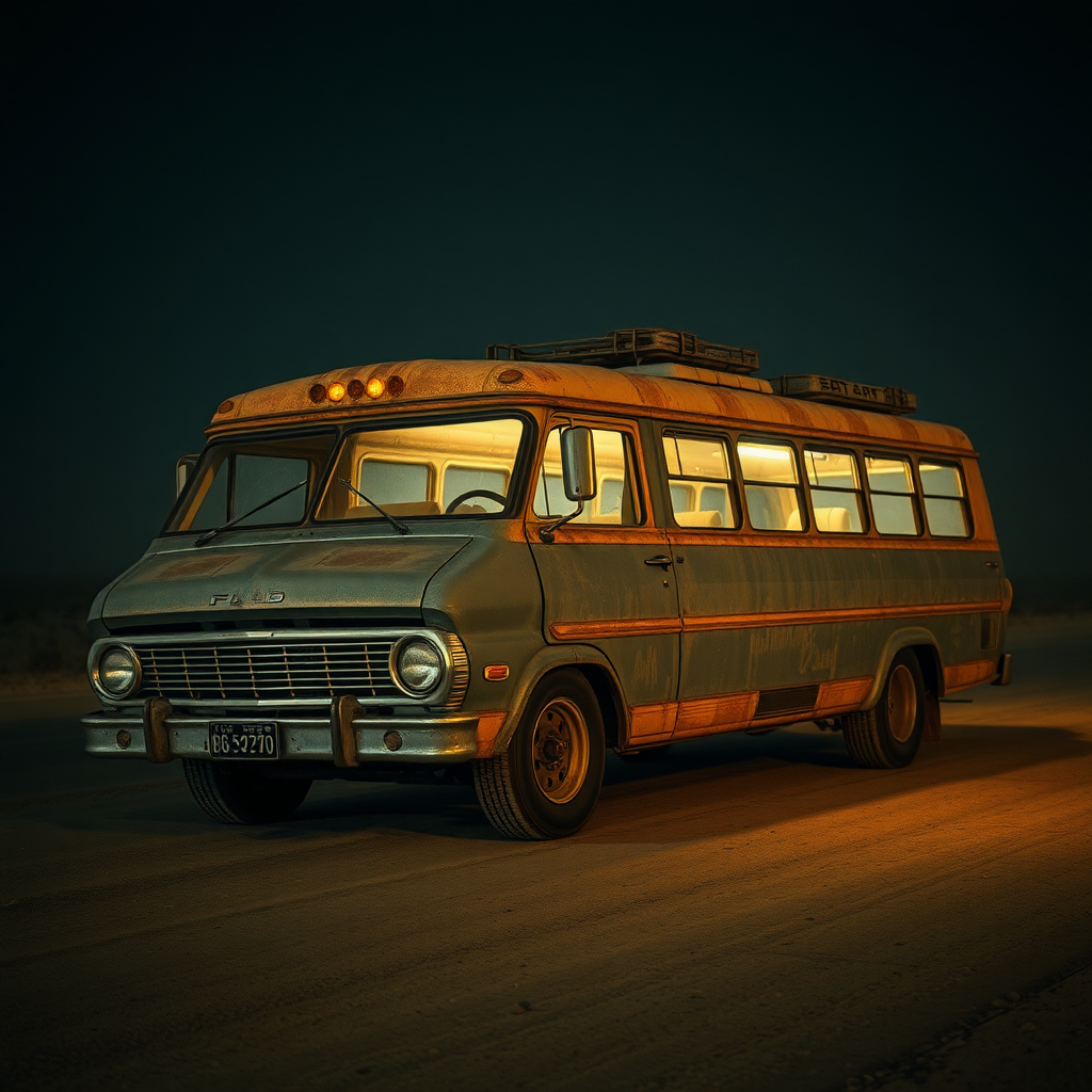 Ford Falcon Mad Max apocalyptic night dust rusty the bus is parked on the side of the road, inspired by Taiyō Matsumoto, tumblr, restomod, nd4, c4