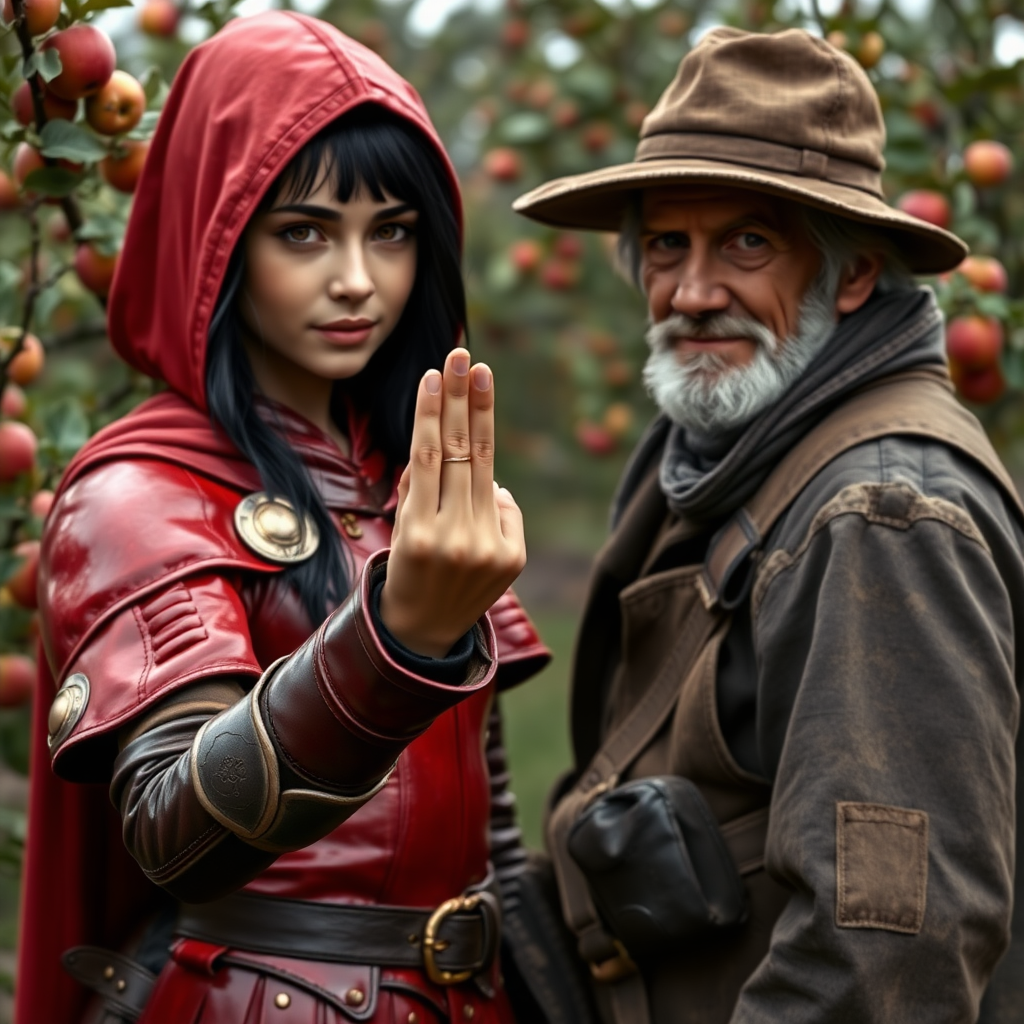 A photo realistic girl with black hair and brown eyes in red leather armor and a red hood holding up a gold finger ring to an old man in dirty work clothes while standing in an apple tree orchard.