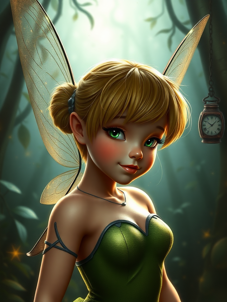 Create a detailed hyper-realistic digital painting of Tinkerbell with the body type of Leon Kennedy from Resident Evil, keeping her head intact while modifying the silhouette to reflect this change. Design a background that harmonizes elements from both Tinkerbell's magical world and the action-packed universe of Resident Evil, ensuring a seamless blend that complements both characters.