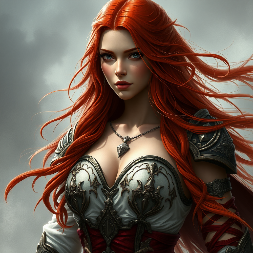 a female warrior with a magnificent chest of the Aasimar race, long flowing red hair, heroic fantasy, 16K, photorealistic