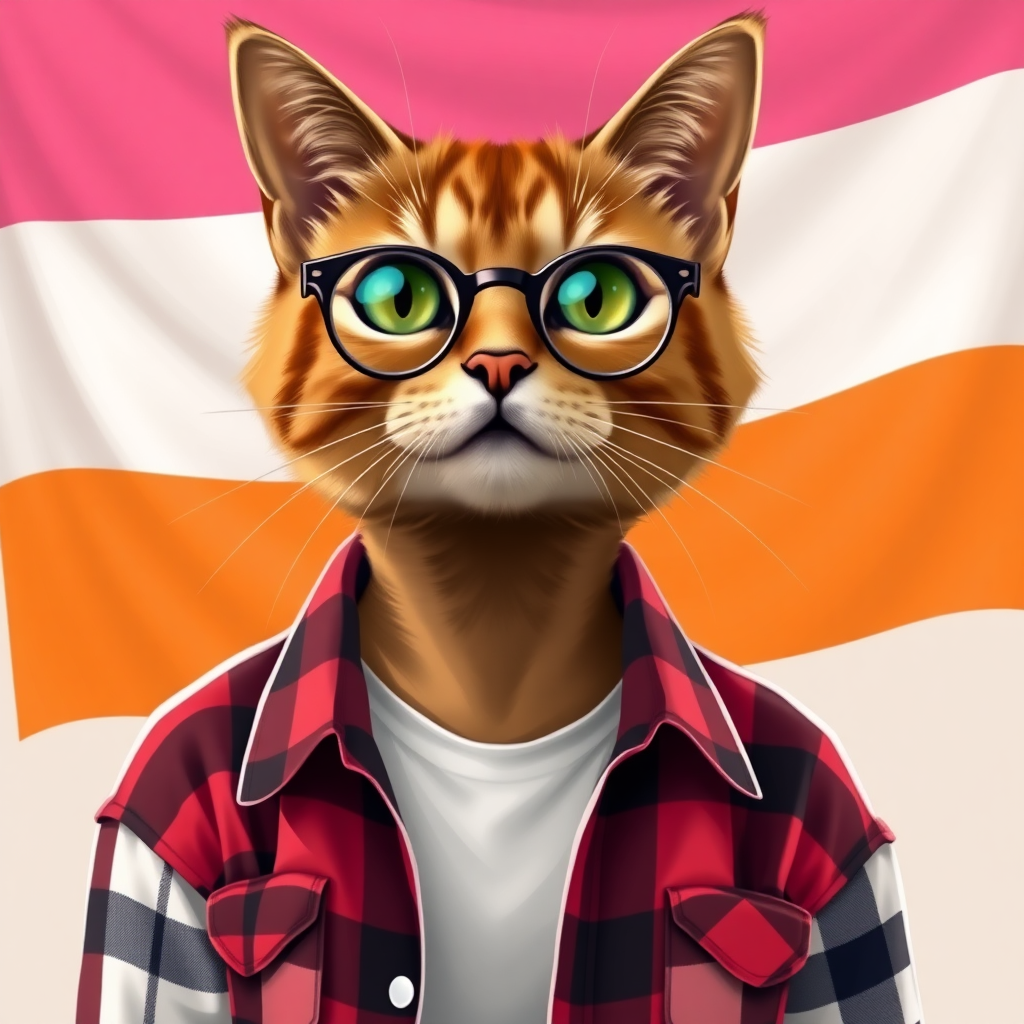 female cat-man brown color with a flag behind with horizontal colors pink/light pink/white/light orange/orange, colors in that order, with semi-round glasses, an open red and black plaid shirt with a white t-shirt, in digital art