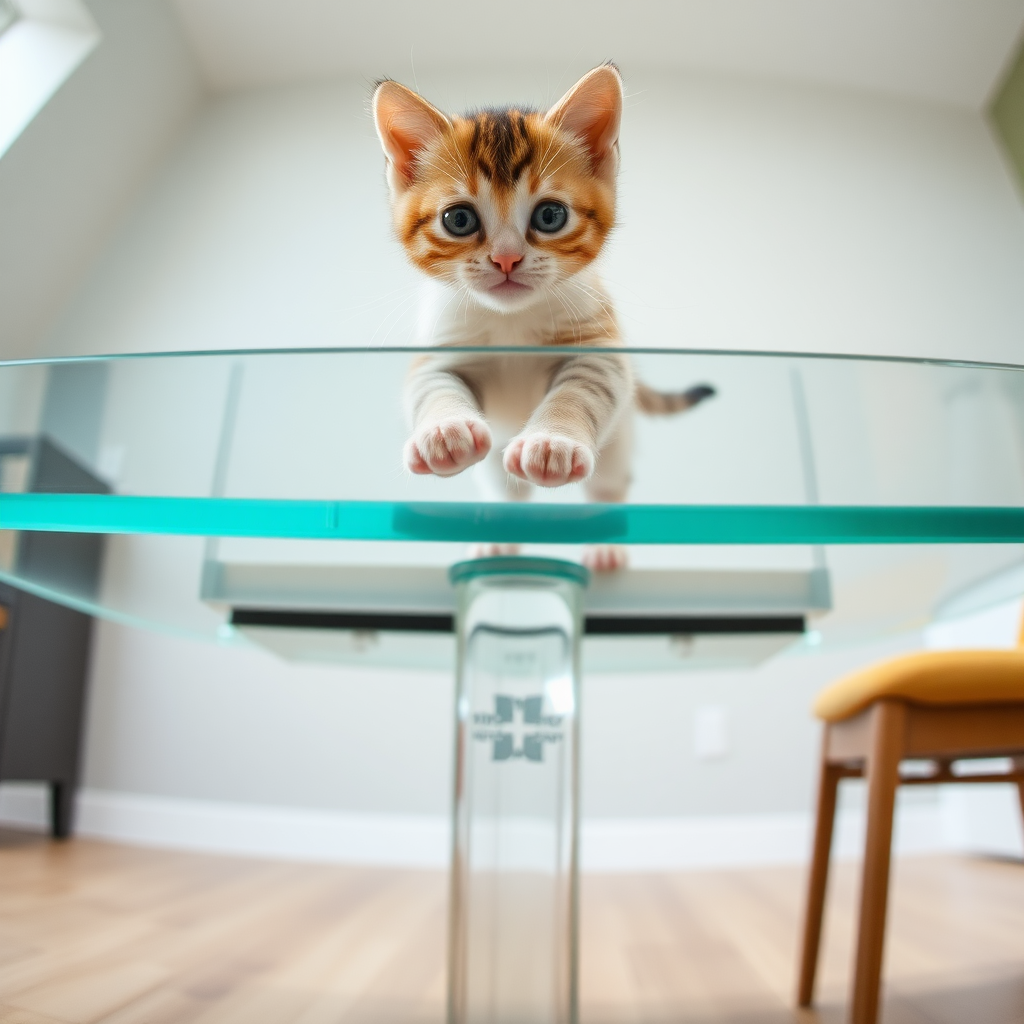 The camera is positioned directly beneath a transparent dining table, shooting vertically upward at the clear table. A cute little kitten walks on top of the dining table, and the pads of its four paws are clearly visible.