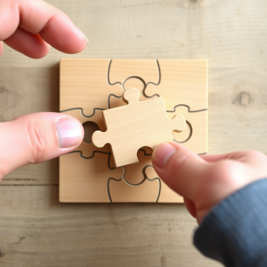 Create an image of an attempt to fit a missing wooden puzzle piece into a wooden puzzle that has a missing piece, but it is not suitable for the missing piece.