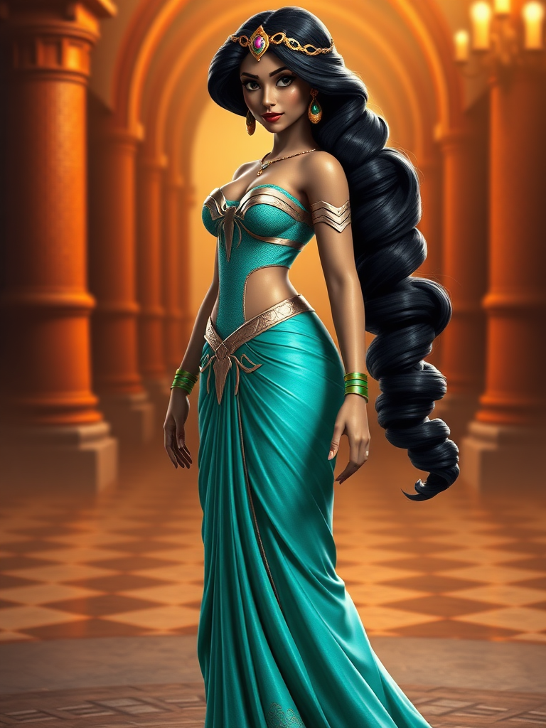 Create a full-length photorealistic render featuring Princess Jasmine. Retain her head while adapting her body to the physique and agility of Spider-Man. Modify her silhouette and gender traits to fit this new athletic build. Adjust her costume to fit the updated body type without incorporating elements from Spider-Man. The background should reflect a harmonious setting blending Jasmine’s royal ambiance and Spider-Man’s urban environment.