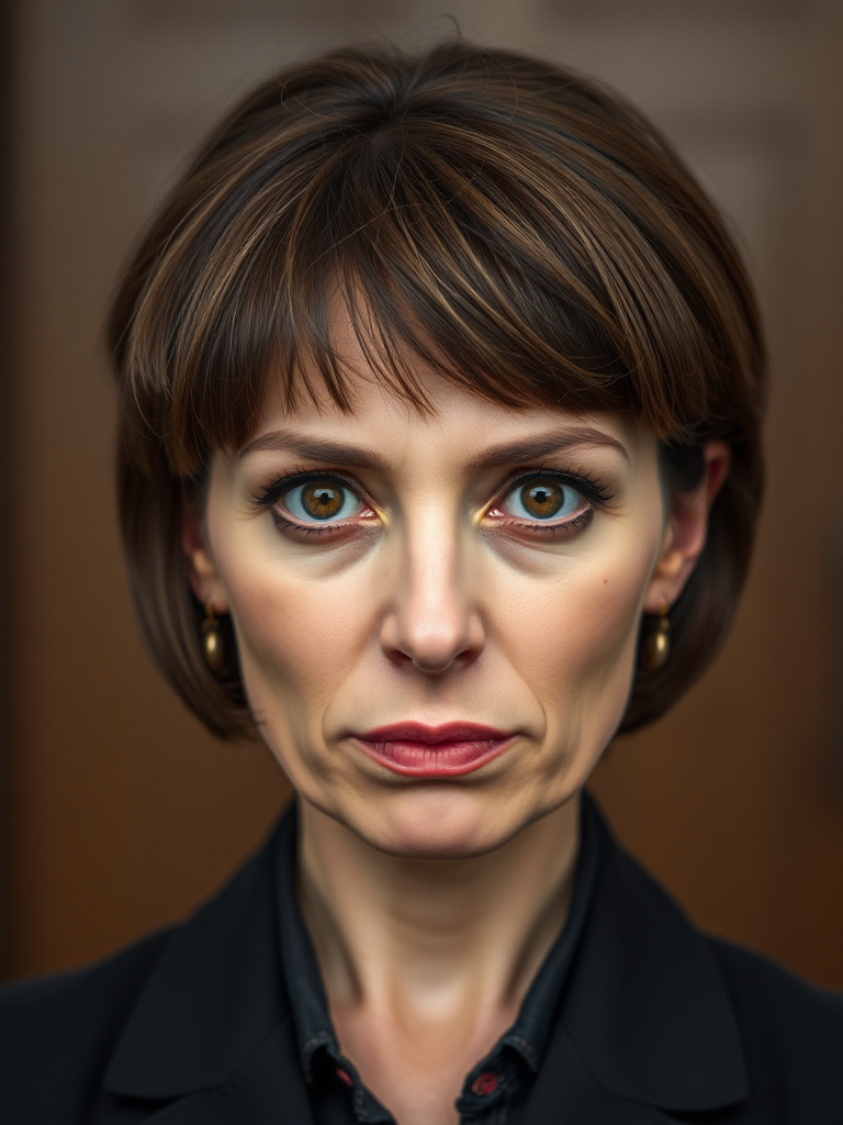 mature secretary, short brown bobcut, swept bang, brown piercing eyes, thick dark eyebrows, big nose, big mouth, big yellowish teeth, moles, skin imperfections, youthful, severe expression