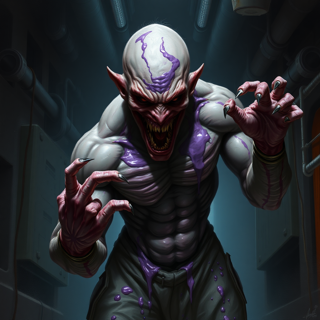 Sci-fi digital horror painting. Heavily mutated crew member, his body and limbs elongated and twisted while muscles ever tensing. Aggressive violent snarl on face. One hand has long sharp claws while the other looks relatively normal. Purple goo oozing all over him. Dark rocky industrial corridor.