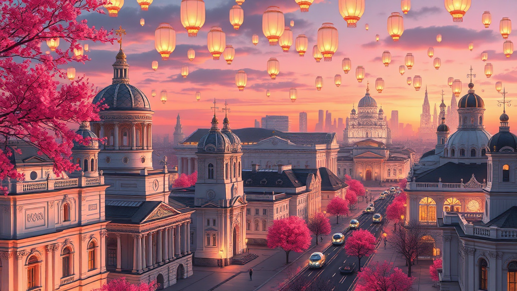 This anime art concept in 8k resolution brings to life a cityscape at dusk-sunset that blends historical grandeur with futuristic innovation. The city, inspired by Russian Tartarian architecture, features majestic structures with ornate details and intricate designs, showcasing an opulent and storied past.

The foreground reveals immaculate streets lined with grand cathedrals and dome-shaped white buildings, each one a marvel of architectural beauty. These buildings, with their elaborate facades and towering spires, reflect the rich cultural heritage of the city, along with beautiful pink trees dotted around the city.

In the distance, technologically advanced metropolis uniquely designed white-grey buildings glow with vibrant lights, contrasting sharply with the historical architecture. Their sleek, futuristic designs add a dynamic and forward-looking element to the scene.

The sky is adorned with tons of floating lanterns, drifting gracefully and casting a warm, magical glow over the city. Pink foliage adds a touch of whimsy and elegance to the landscape, with vibrant hues enhancing the dreamlike quality of the scene.

Bubble-shaped vehicles glide smoothly across the landscape, showcasing advanced transportation technology while seamlessly integrating with the city’s aesthetic. These vehicles move along clean, well-maintained streets, highlighting the city’s blend of tradition and innovation.

Overall, the scene is framed by the ice wall, hinting at the fascinating world beyond and adding a sense of grandeur and mystery to the composition. This exquisite portrayal captures both the historical richness and futuristic vision of the city, creating a captivating and immersive experience.