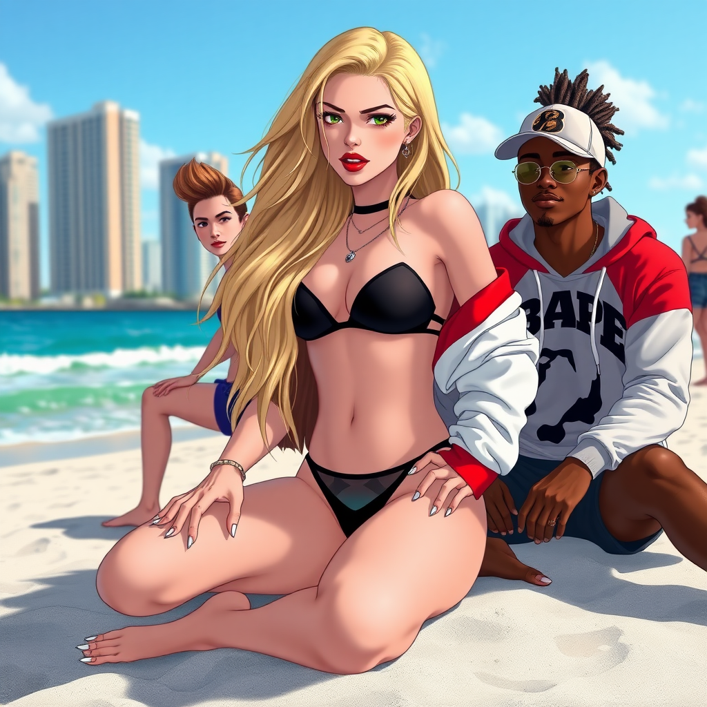 Anime In the vibrant setting of Miami Beach, Florida, a 19-year-old white woman with long, flowing blonde hair is striking a bold pose. She wears a micro-black bikini and a g-string thong, paired with a red-and-white Bape hoodie. Her red lips and white nails add to her edgy, stylish look. She sits confidently on the sandy shore next to a dark-skinned male with dreadlocks on her right. On her left, there's a white skin-Latino male with a brown fohawk hair and a sideways cap, exuding a relaxed vibe. Also present is a Latina woman with a brown ponytail named Lucia, adding to the lively and diverse scene. The city skyline can be seen in the background, adding an urban touch to the beach setting.