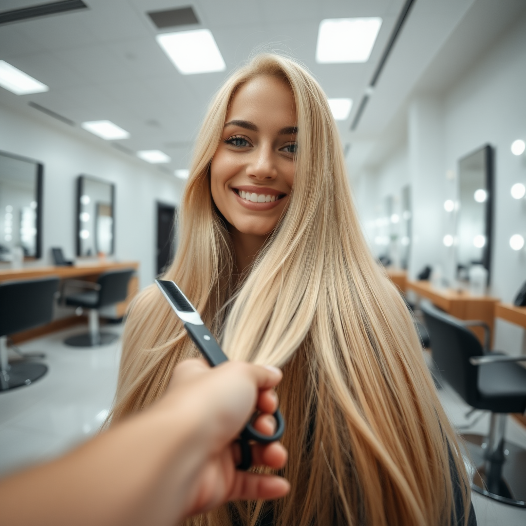 POV, beautiful very long haired blonde woman sitting in a hair salon smiling at the camera while I reach out from behind the camera to trim her very long hair.