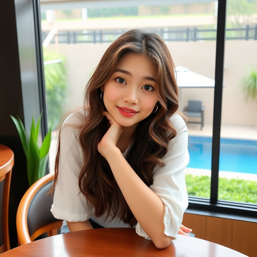 A young 18-year-old beautiful Xiaohongshu blogger, with fair skin, large eyes, long curly hair, an oval face, and very slim, sitting in a café, leaning on the table, with green grass and a swimming pool outside the window.