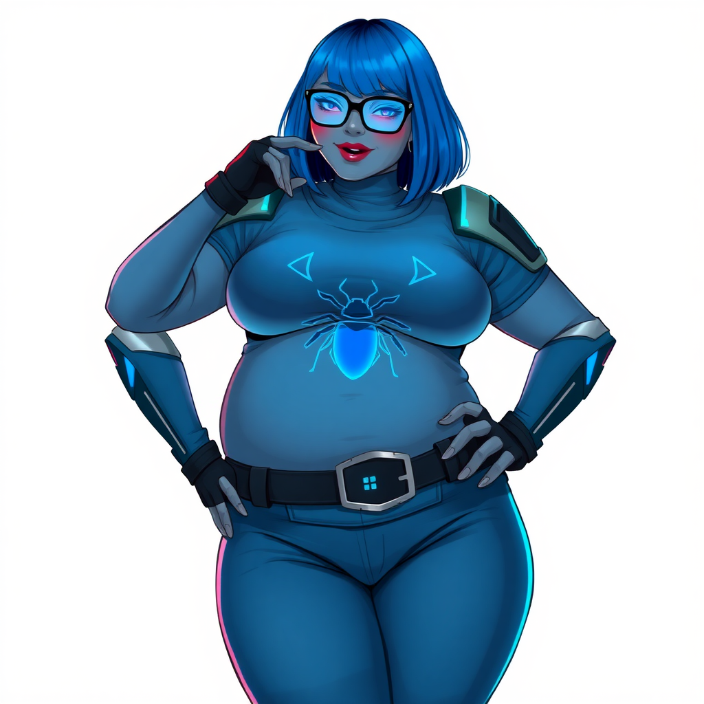 A 28-year-old, full-figured, middle gray-skinned computer program hybrid with a maximum blue bob cut. She has a non-athletic build, highlighted by a prominent, round, large midsection (with emphasis on her belly), which shows the aftermath of her pampering. As the heavily pampered digital sidekick to her cyberpunk vigilante boyfriend, her middle gray metallic skin and maximum blue lipstick emphasize her digital nature. She wears a digital, computerized costume inspired by DC’s Carrie Kelly Robin, consisting of a huge, tight-fitting, maximum blue t-shirt with a neon blue glowing chest icon of a beetle, hi-tech shoulder pads with neon blue accents, a black hi-tech belt with a digital neon blue glowing buckle, digital maximum blue biker pants with neon blue accents, and black hi-tech fingerless biker gloves with neon blue glowing accents. Her neon blue glowing eyes, black eyeglasses with a neon blue glowing HUD built into the lenses, and shy smile with neon red blush accentuate her nerdiness. She stands bashfully with one hand behind her back and the other hand gently touching her cheek, her costume covering all her skin and emphasizing her full-figured physique (especially her belly). She is clearly non-athletic, with a focus on her full-figured physique. Despite her build, she radiates beauty. She has a slim face compared to her physique, accentuating her radiant beauty. She is on a solid white background. She is drawn as if she were in a retro 2D cyberpunk fighting game.