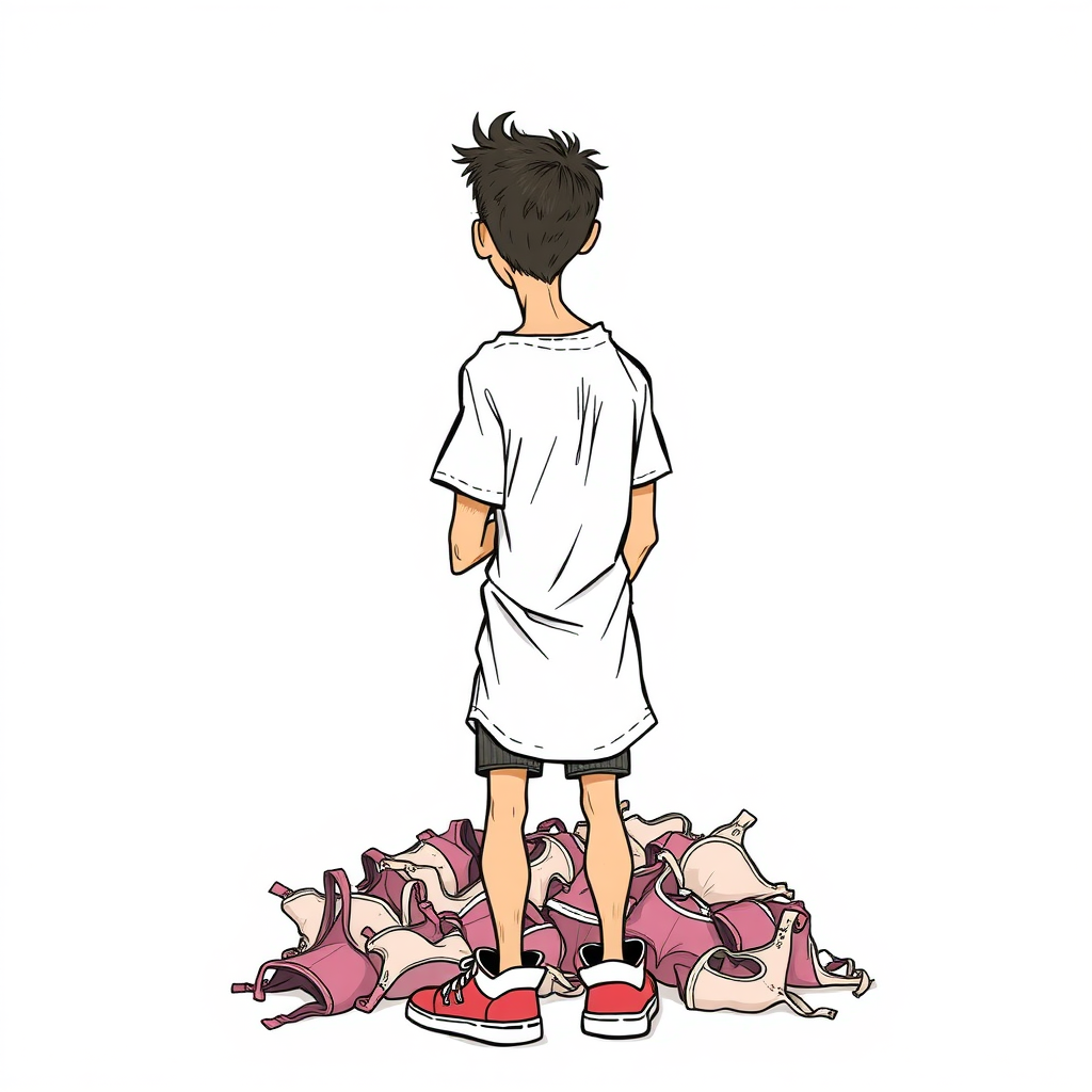 nervous short 20 year old european skinny man, short white t-shirt, standing, stunned, mesmerized, joyful, aroused, heavy drooling, heavy sweating, fumbling through a small heap of smelly dirty woman worn bras and panties, detailed fabric, rear side view, sneakers, detailed feet, 2D, caricature, cartoon, Sketch lines, coloring book, coloring book, colorful image,